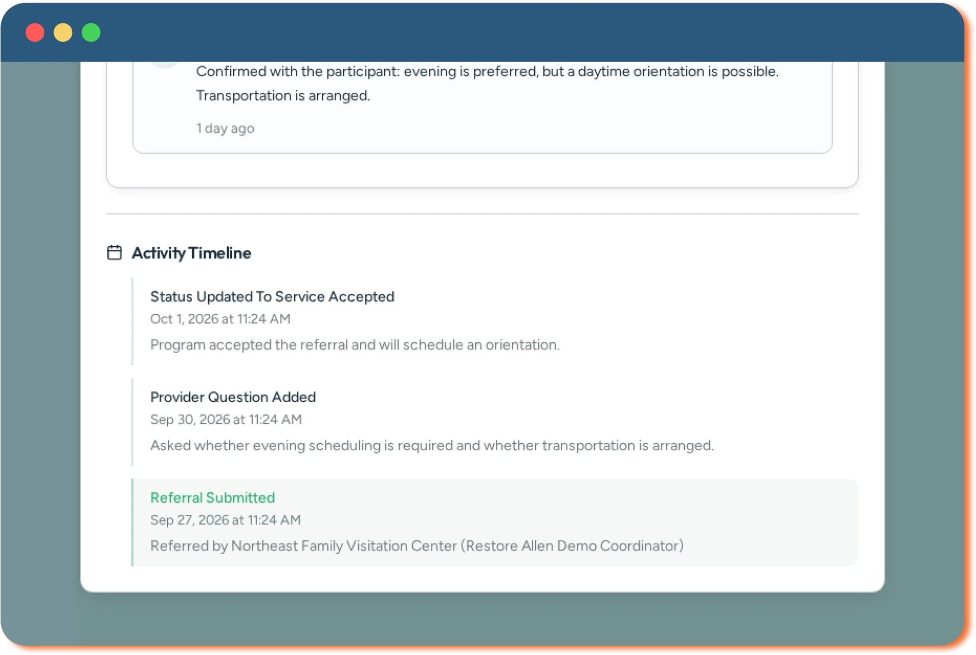 Referral Status Tracking shown in HopeMatch Networks