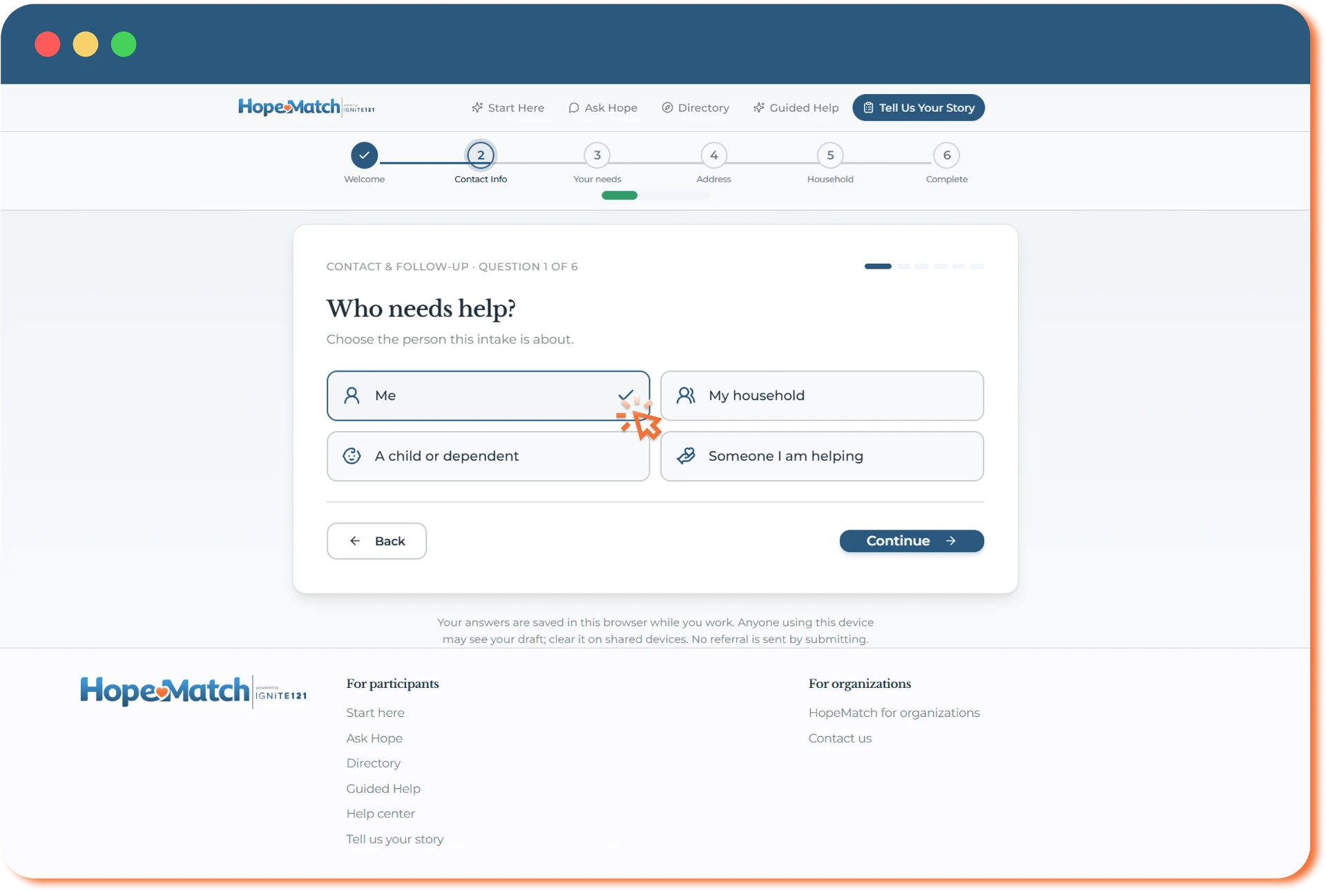 HopeMatch universal intake asking who needs help