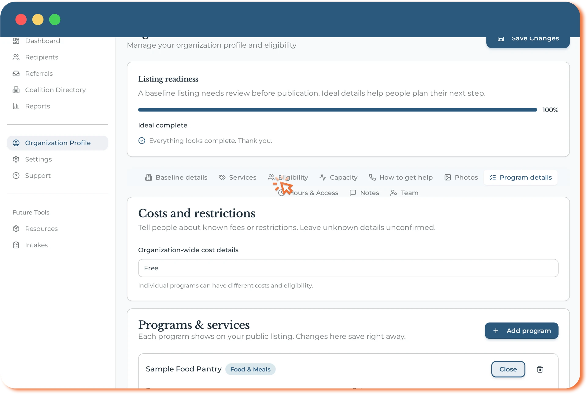 HopeMatch nonprofit profile editor showing program details