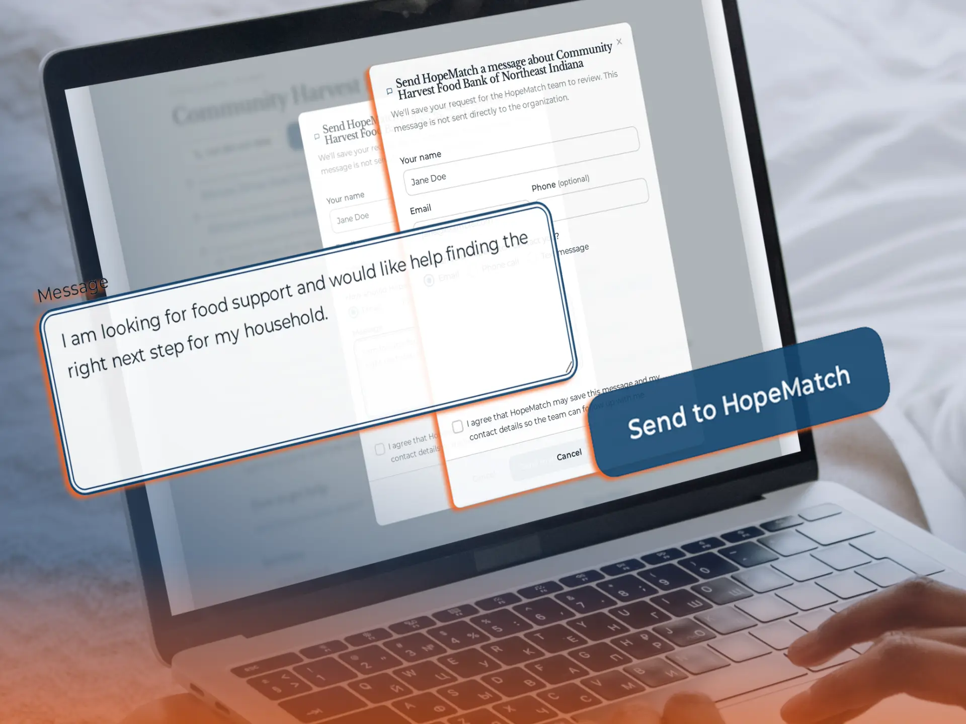 HopeMatch communication tool preparing a message to a provider