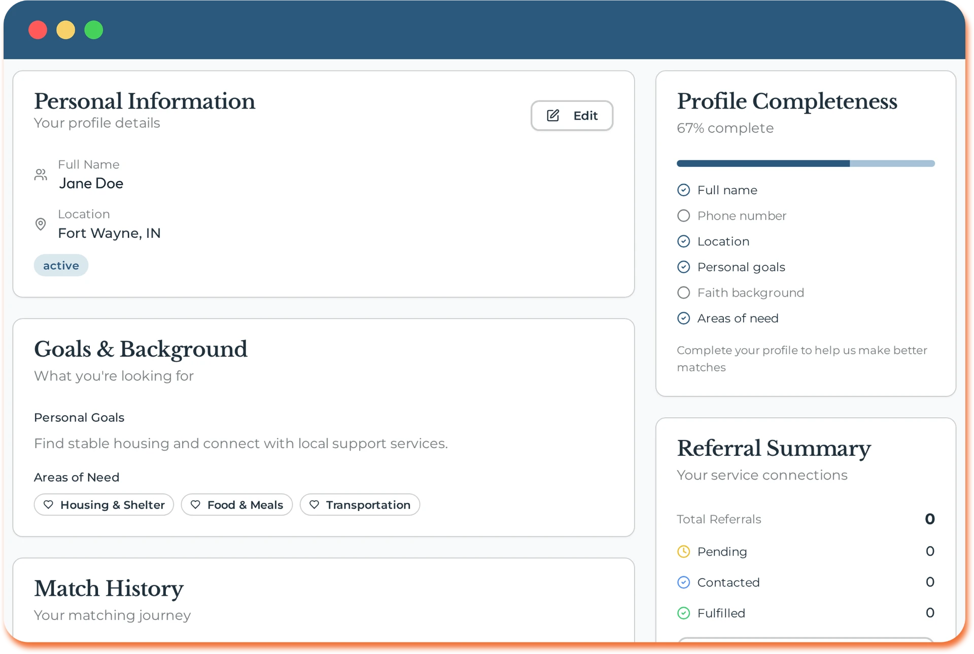 HopeMatch participant profile with goals, needs, and referral summary