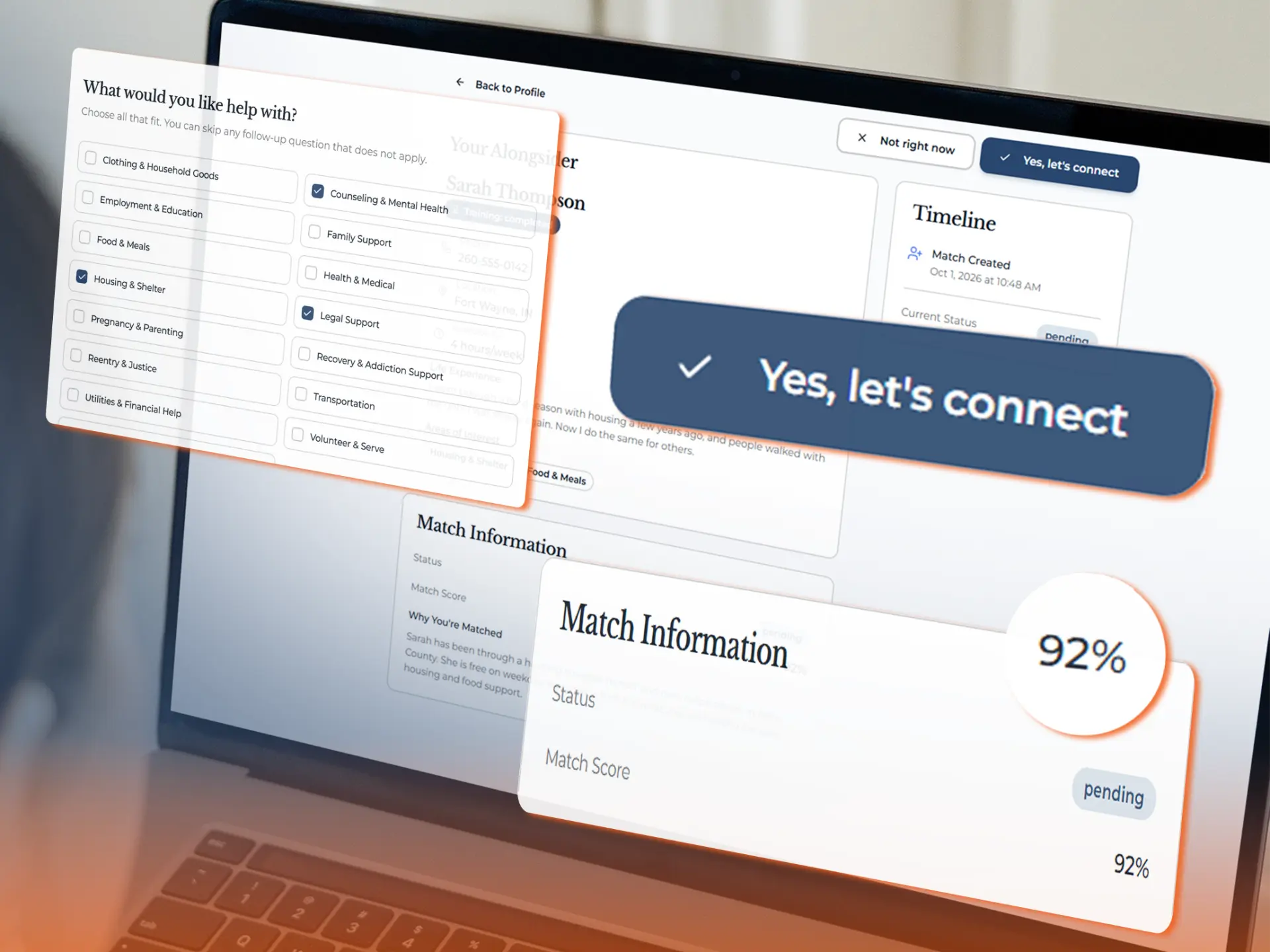 HopeMatch smart matching view with a high-confidence connection