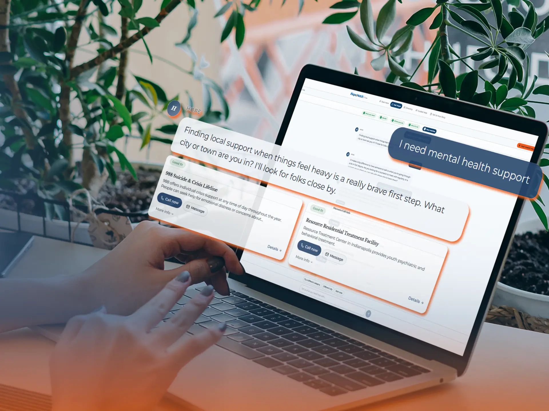 HopeMatch guided AI assistant helping someone find mental health support