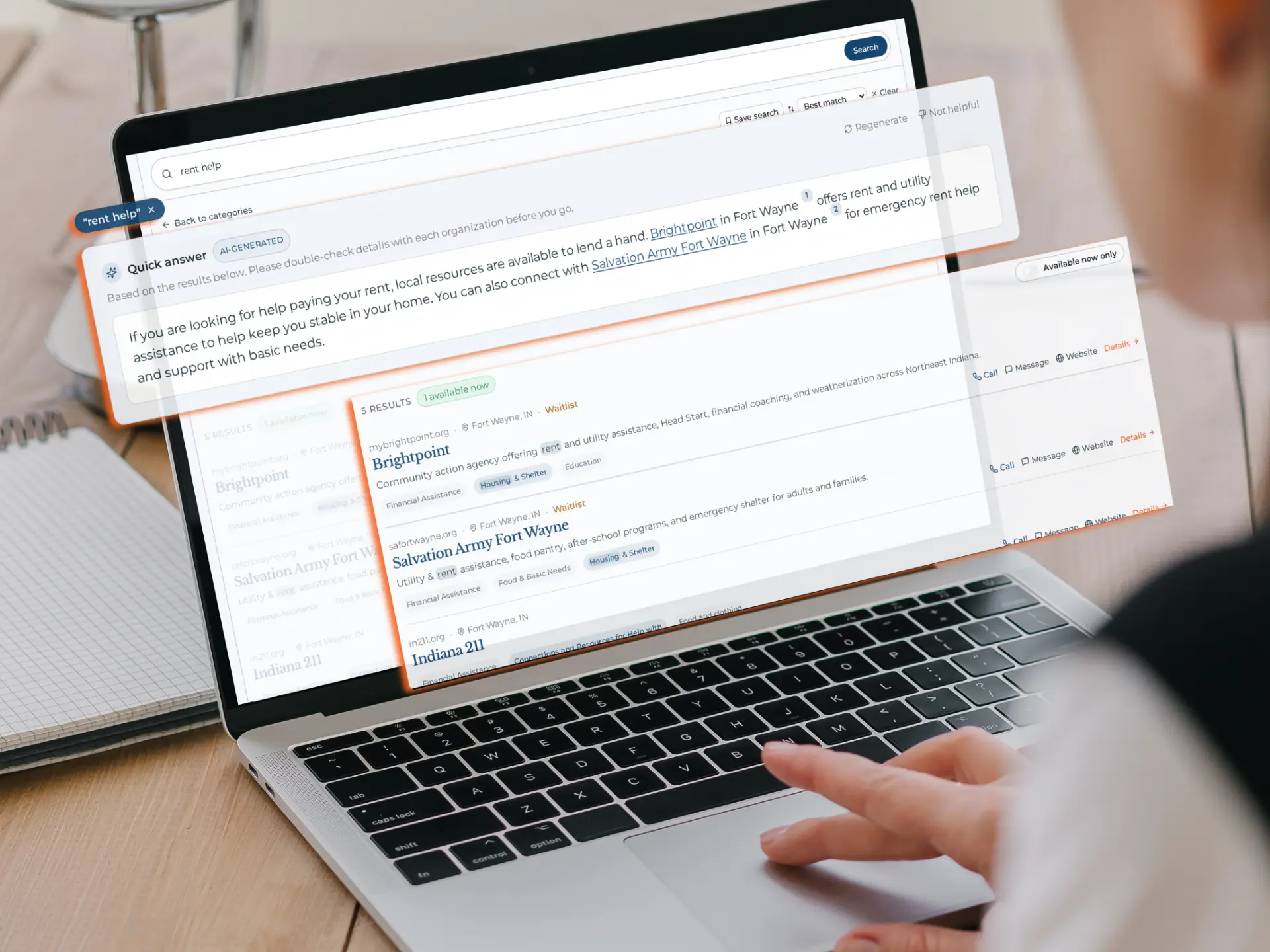 HopeMatch Discover directory search results on a laptop
