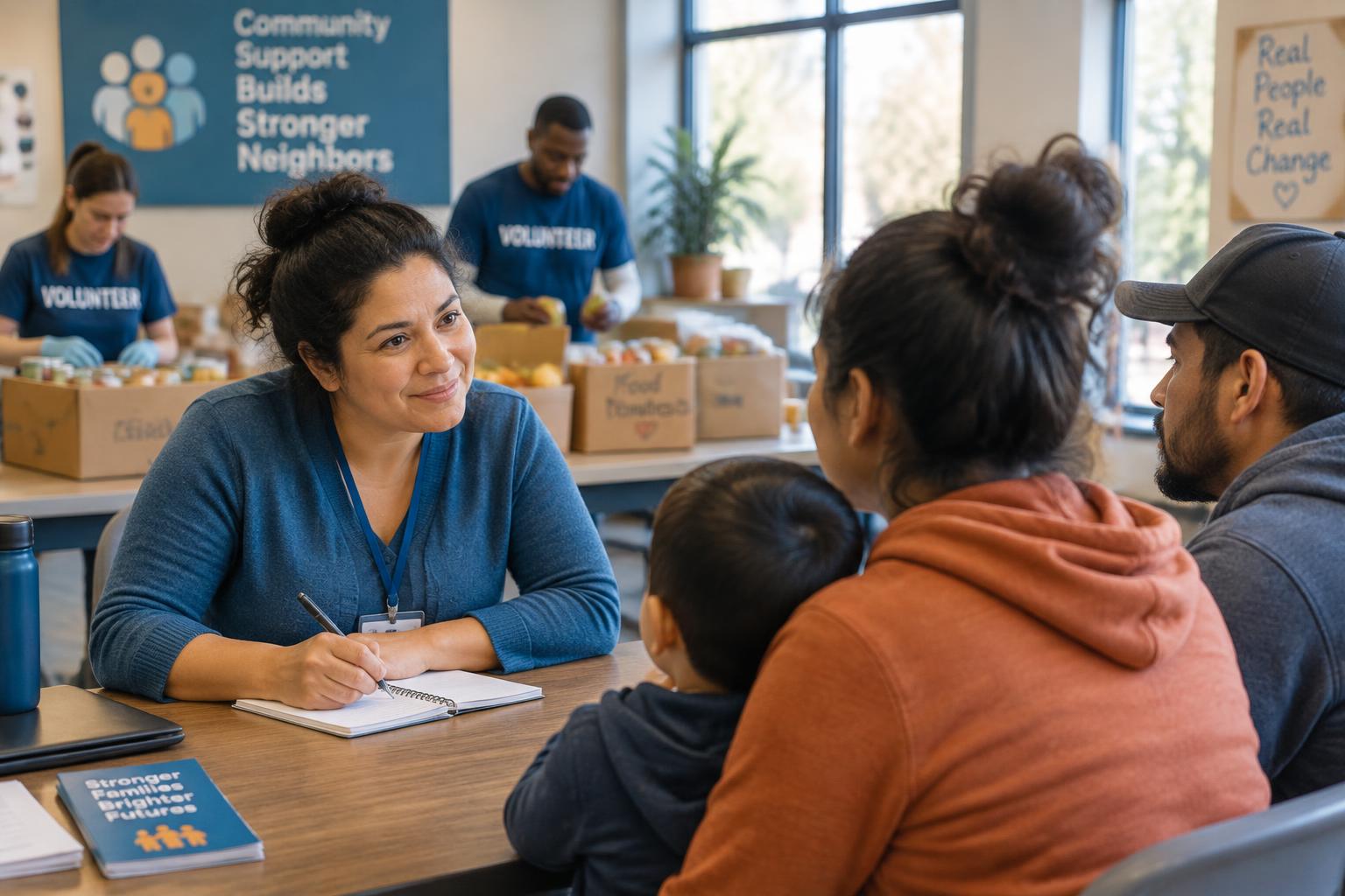 A caseworker listening to a family at a community center, with volunteers in the background