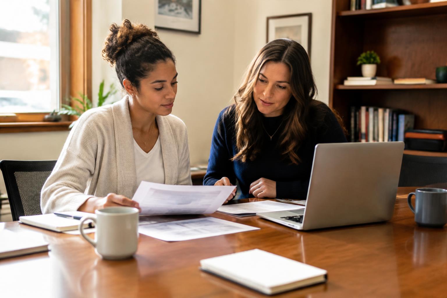 Two colleagues reviewing results and notes on a laptop