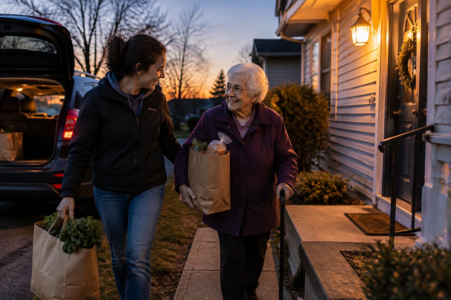 A neighbor steadying a young mother and her child by a car in the last light of the day