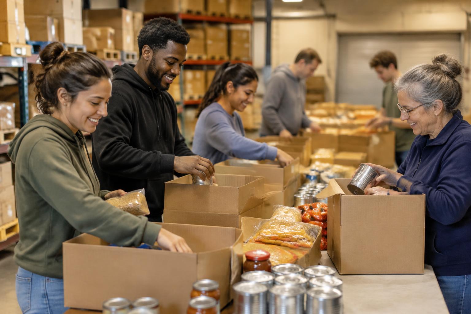 Volunteers working side by side to move supplies