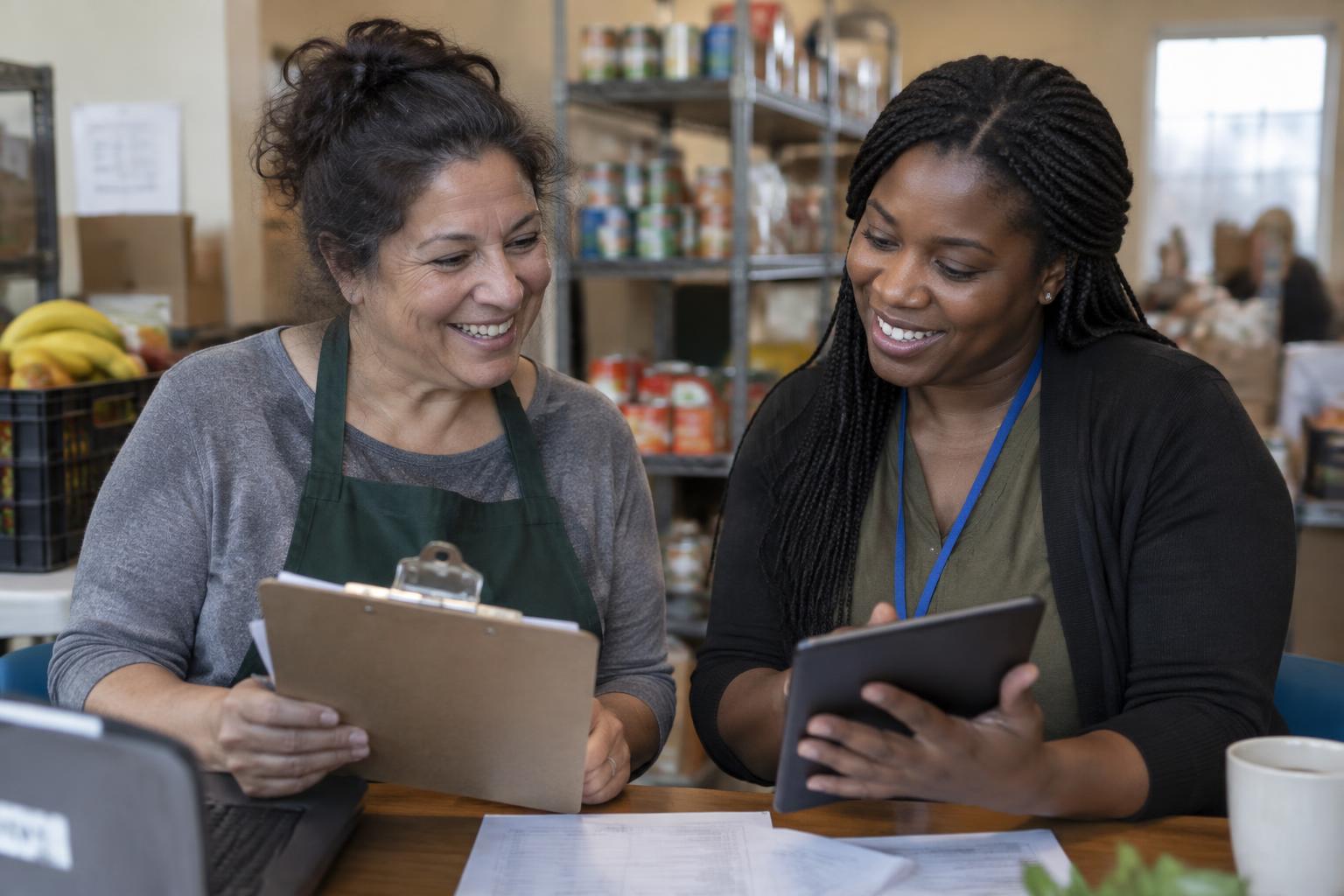 A food pantry staff member and a housing caseworker reviewing a referral together