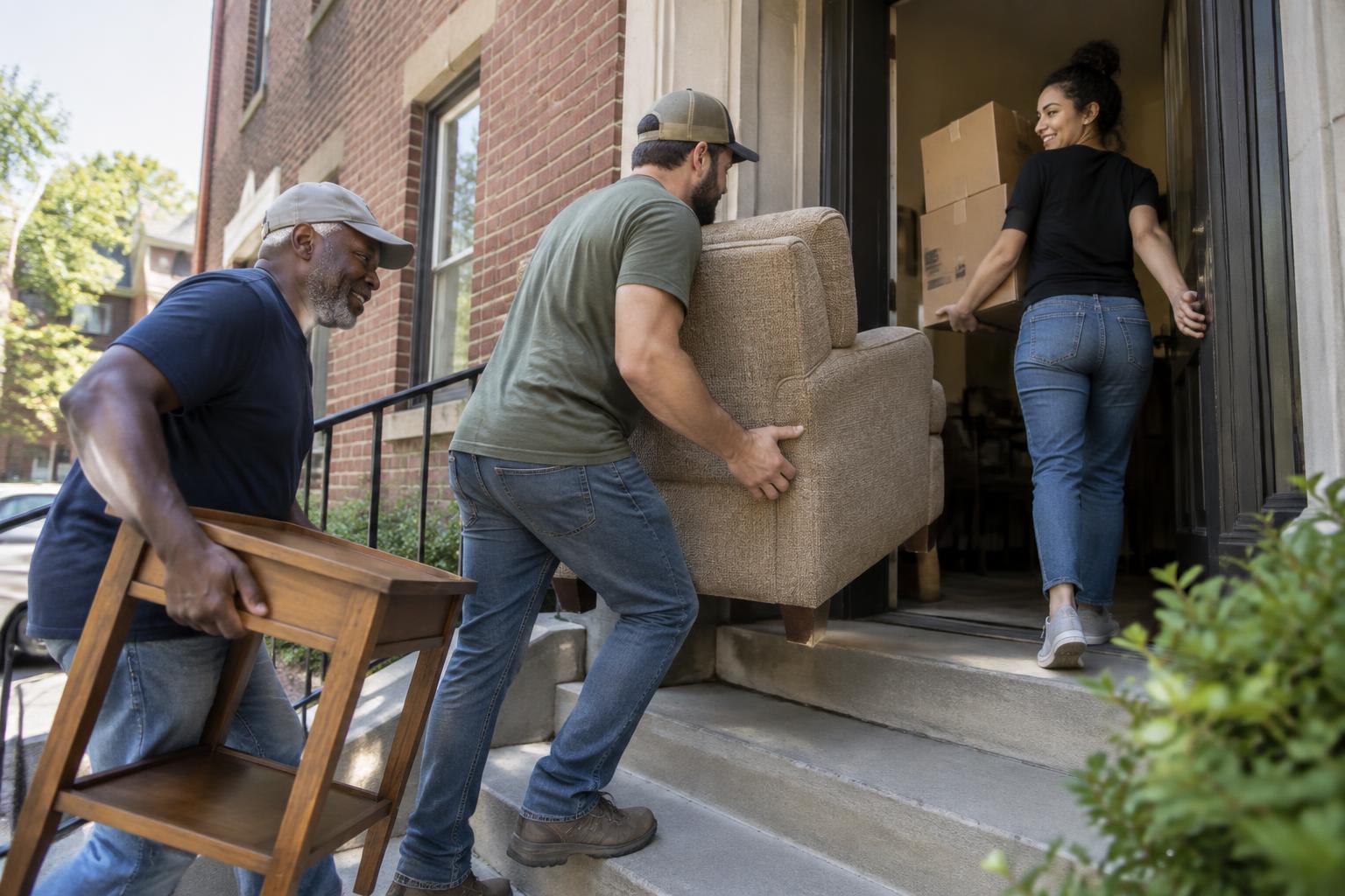 Volunteers carrying a donated armchair and boxes of household items into an apartment