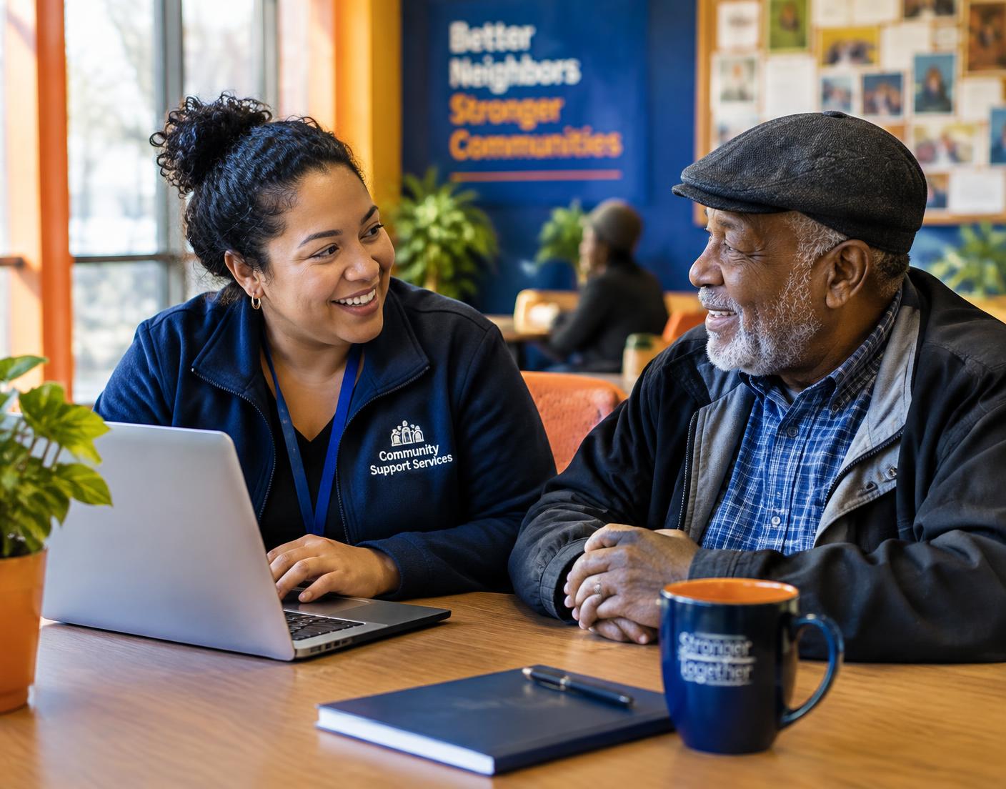 A community navigator talking with an older man at a community center