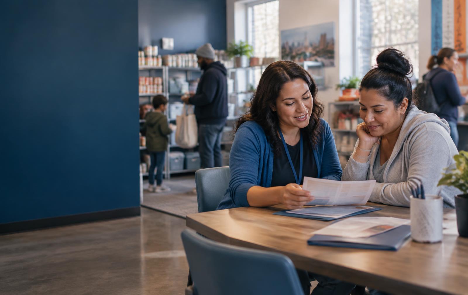 A nonprofit staff member reviewing information with a community member