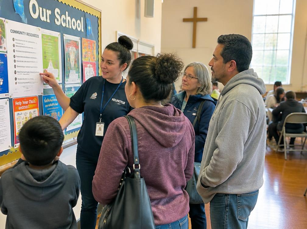 A volunteer showing neighbors a community resource board