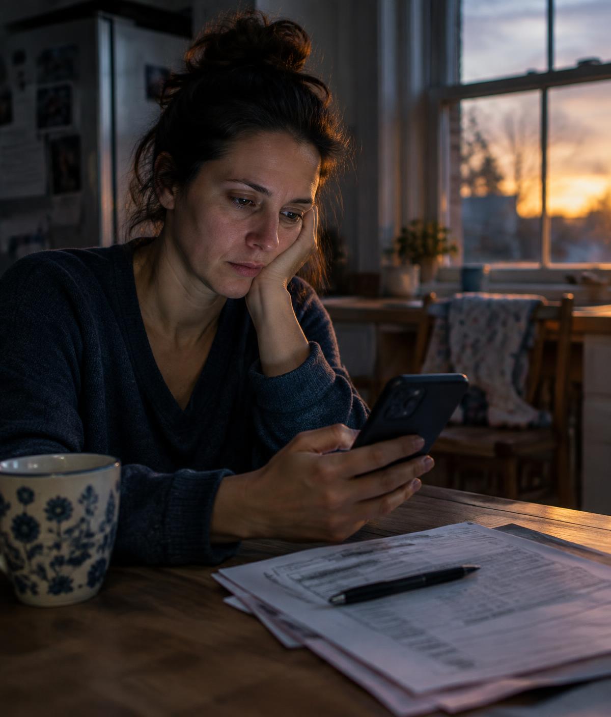 A mother at her kitchen table looking at her phone beside a stack of forms
