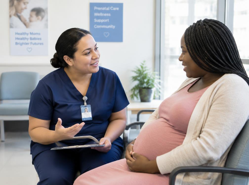 A community nurse speaking with an expectant mother