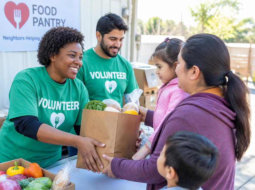 Food pantry volunteers handing groceries to a family