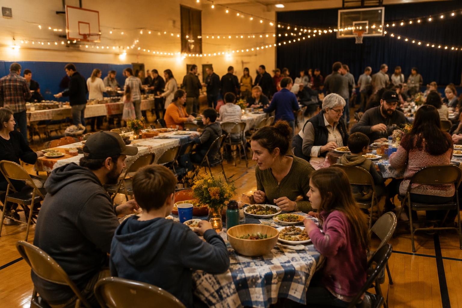 Community members gathered in a local hall