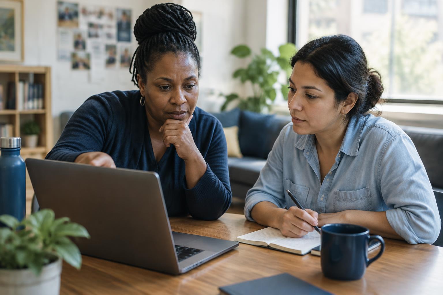 Two community organization leaders reviewing information together on a laptop