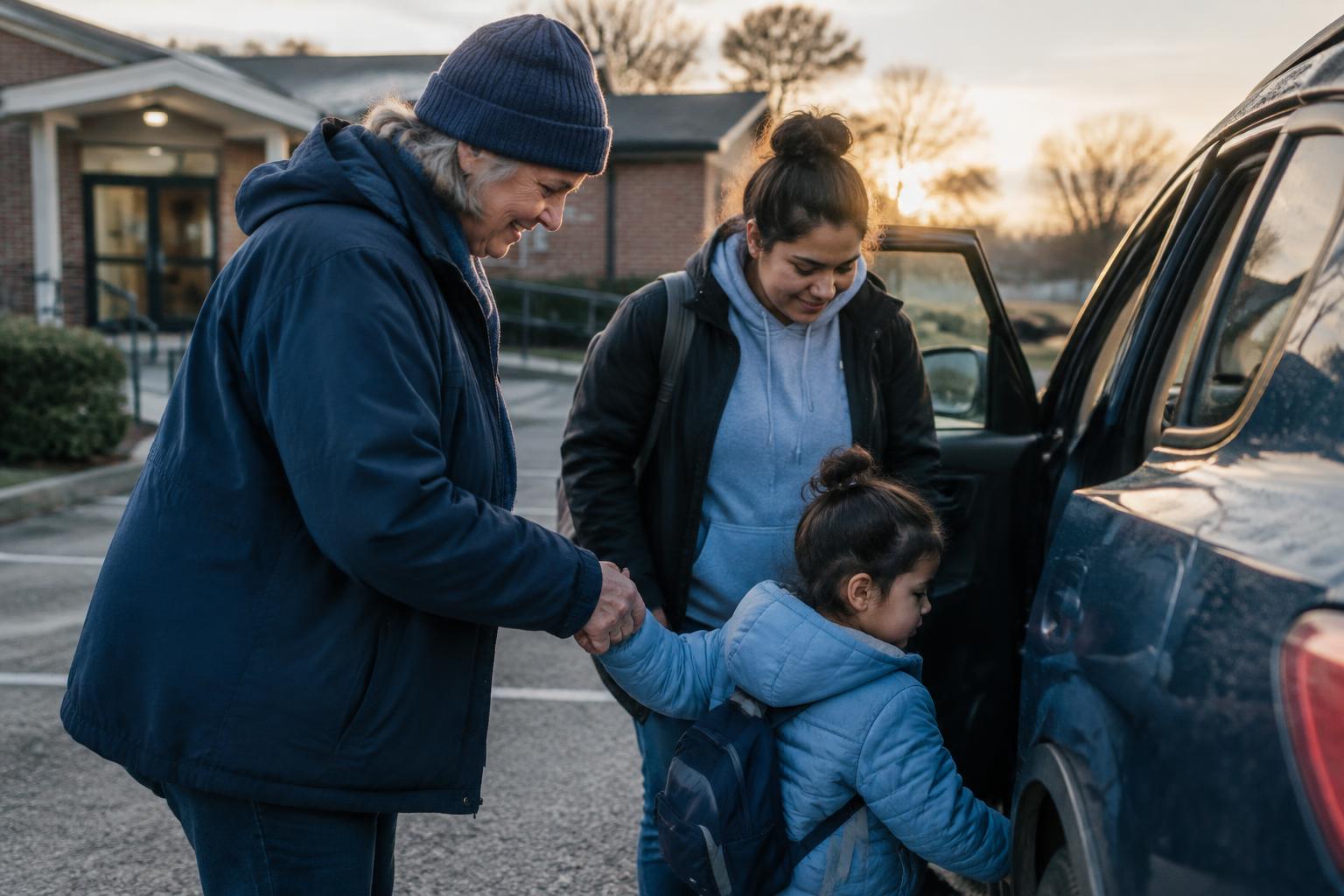 A volunteer driver helping a parent and young child into a car for an appointment