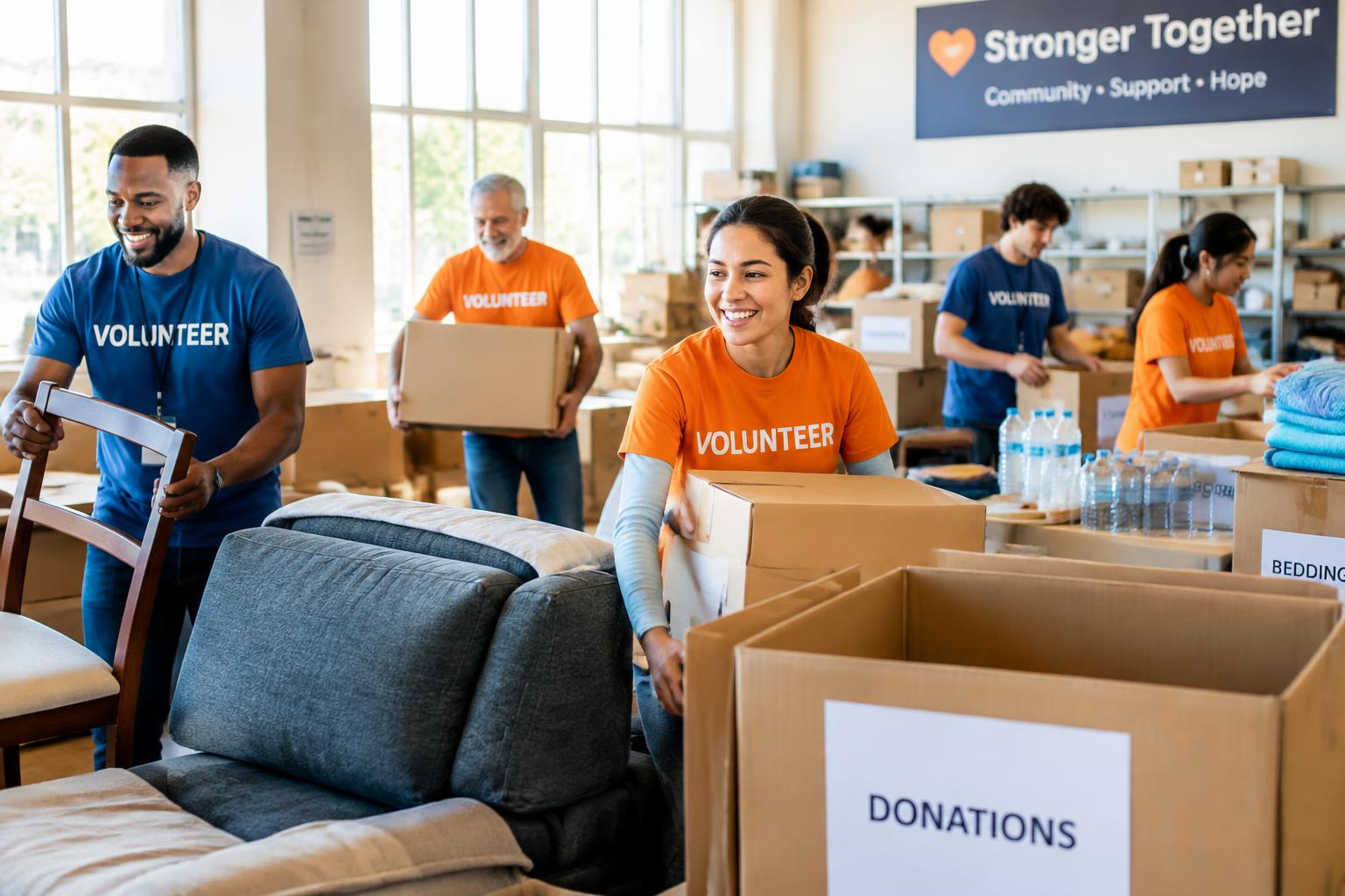 Volunteers sorting donated furniture and supplies in a community warehouse