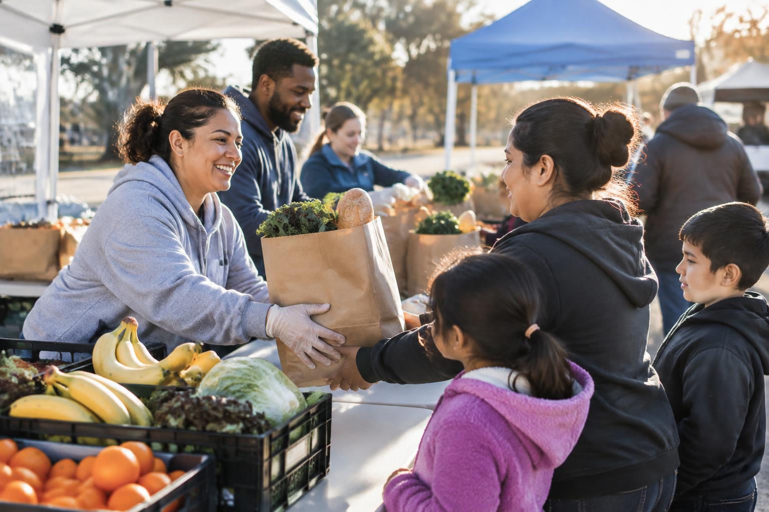 Nonprofit volunteers providing groceries to a family